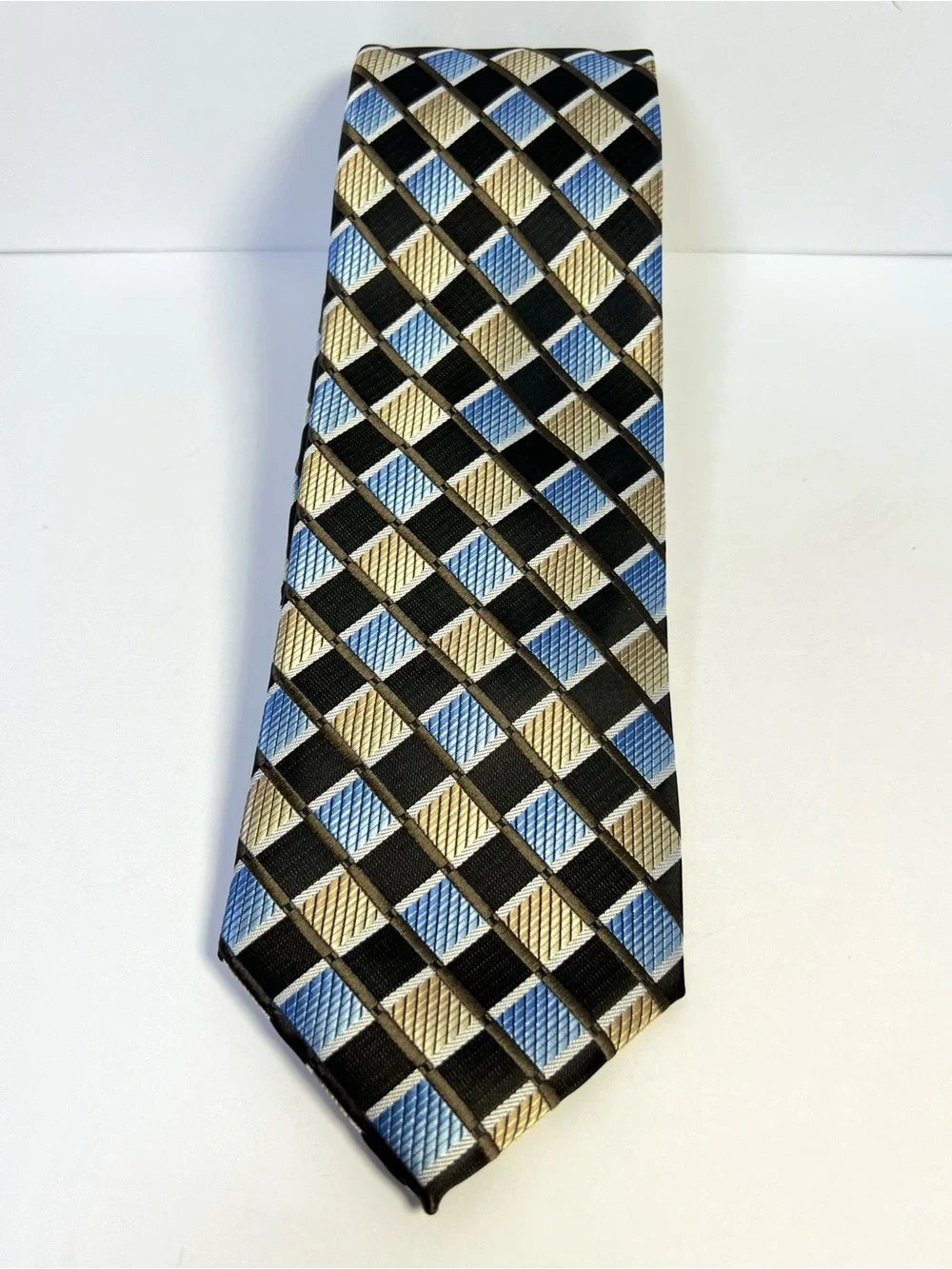 Ivy Crew Men’s Geometric Pattern Necktie Blue Brown Gold Polyester